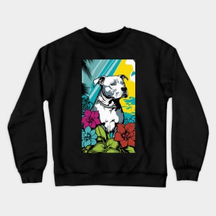 American Staffordshire Terrier PitBull Dog Vibrant Tropical Flower Tall Retro Vintage Digital Pop Art Portrait 7 Crewneck Sweatshirt